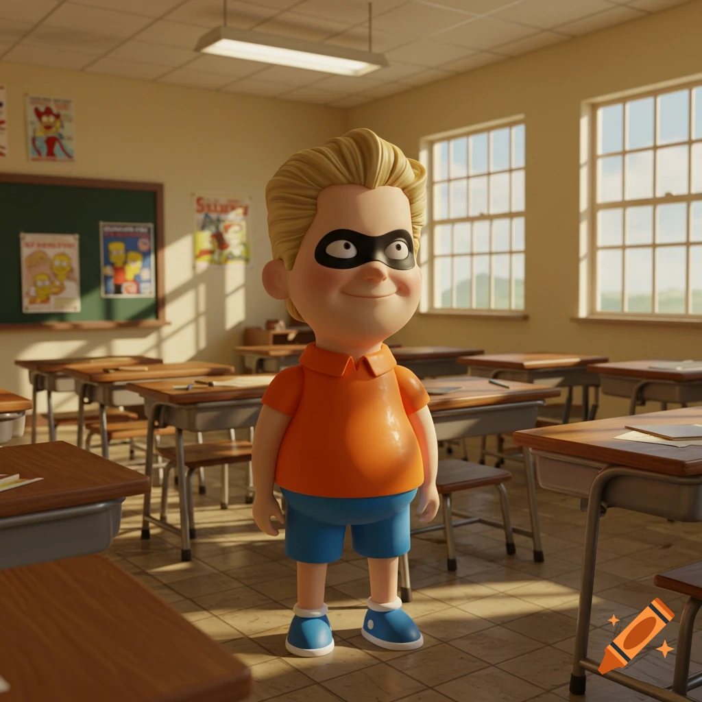 3D animated Dash from The Incredibles in Bart Simpson's clothes standing in a sunny classroom.