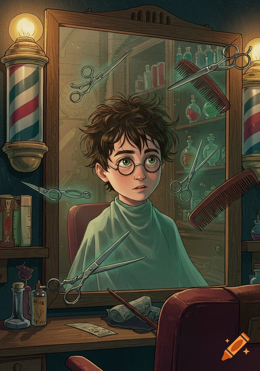 Illustration of a young boy similar to Harry Potter in a barber shop, surrounded by floating combs and scissors.