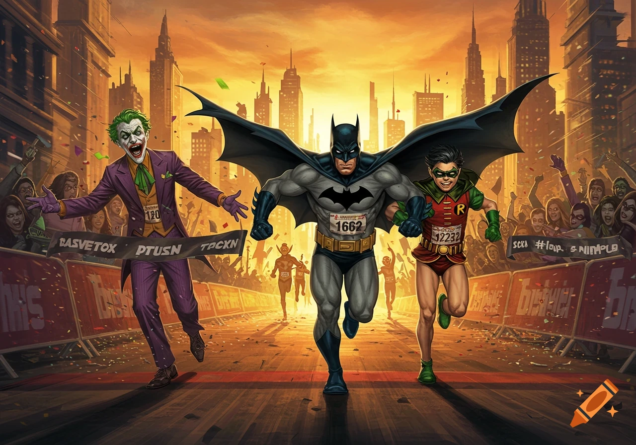 Batman and Robin, dressed in their superhero suits, run a marathon as the Joker, in his purple suit, crosses a finish line banner with gibberish text. A cityscape and cheering crowd are in the background, in a vibrant comic art style.