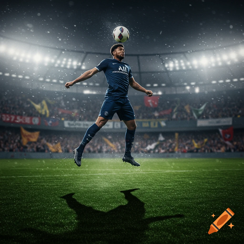 Photorealistic image of a male soccer player in a blue uniform heading a ball in a brightly lit stadium during what appears to be snowfall.