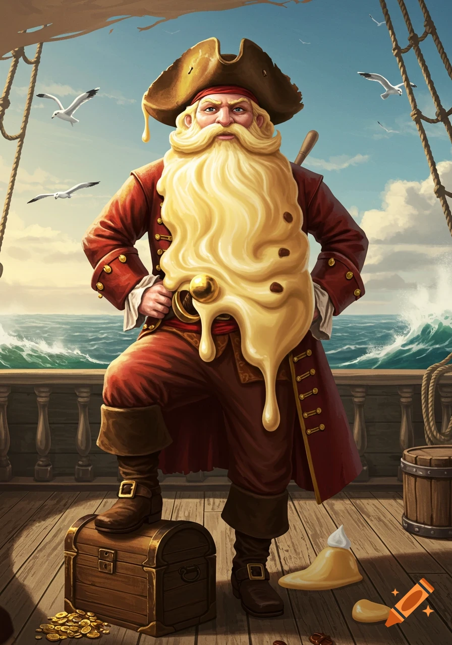 An illustrated pirate with a beard made of dripping custard stands on a ship deck with the ocean behind him.