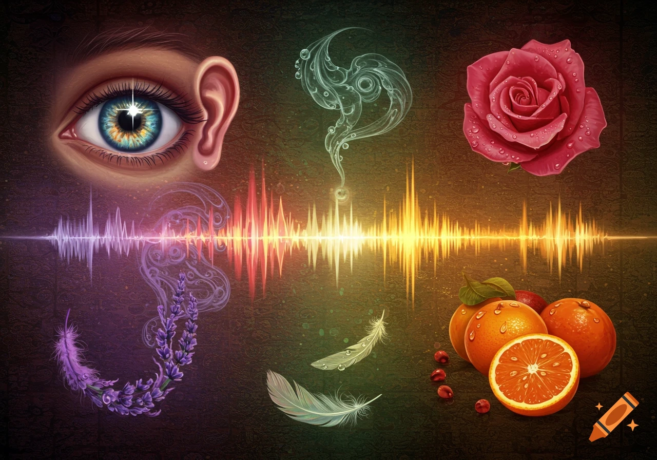 Stylized illustration of the five senses: an eye, ear, sound waves, rose, oranges, lavender, and feathers on a dark background.