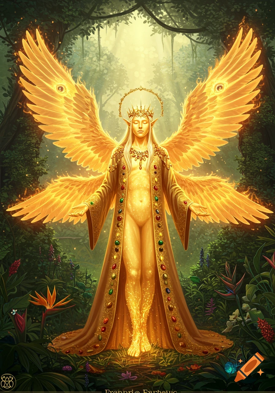 A glowing golden angelic elf with large golden wings, a crown, and jeweled robes stands in a lush, sunlit jungle garden.