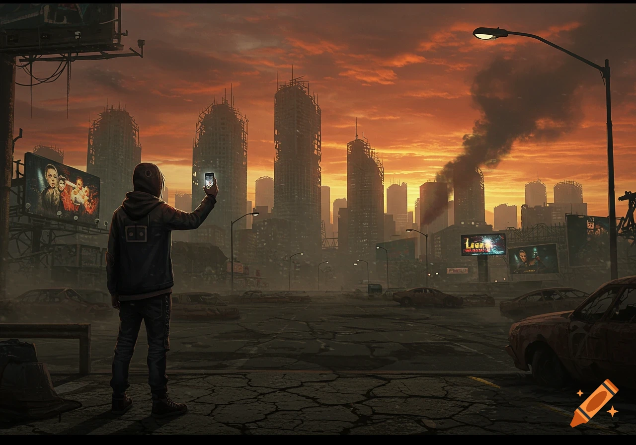 A lone figure takes a selfie in a desolate, post-apocalyptic city with crumbling buildings and a fiery orange sky, digital art.