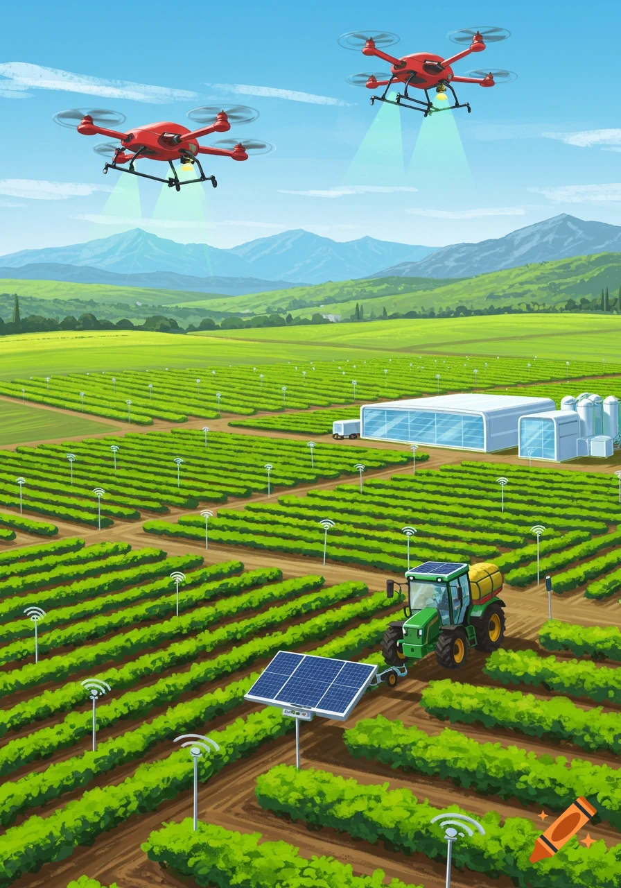 Illustration of a smart farm with two red drones flying over rows of green crops, a green tractor pulling a solar panel, and modern buildings in the background.