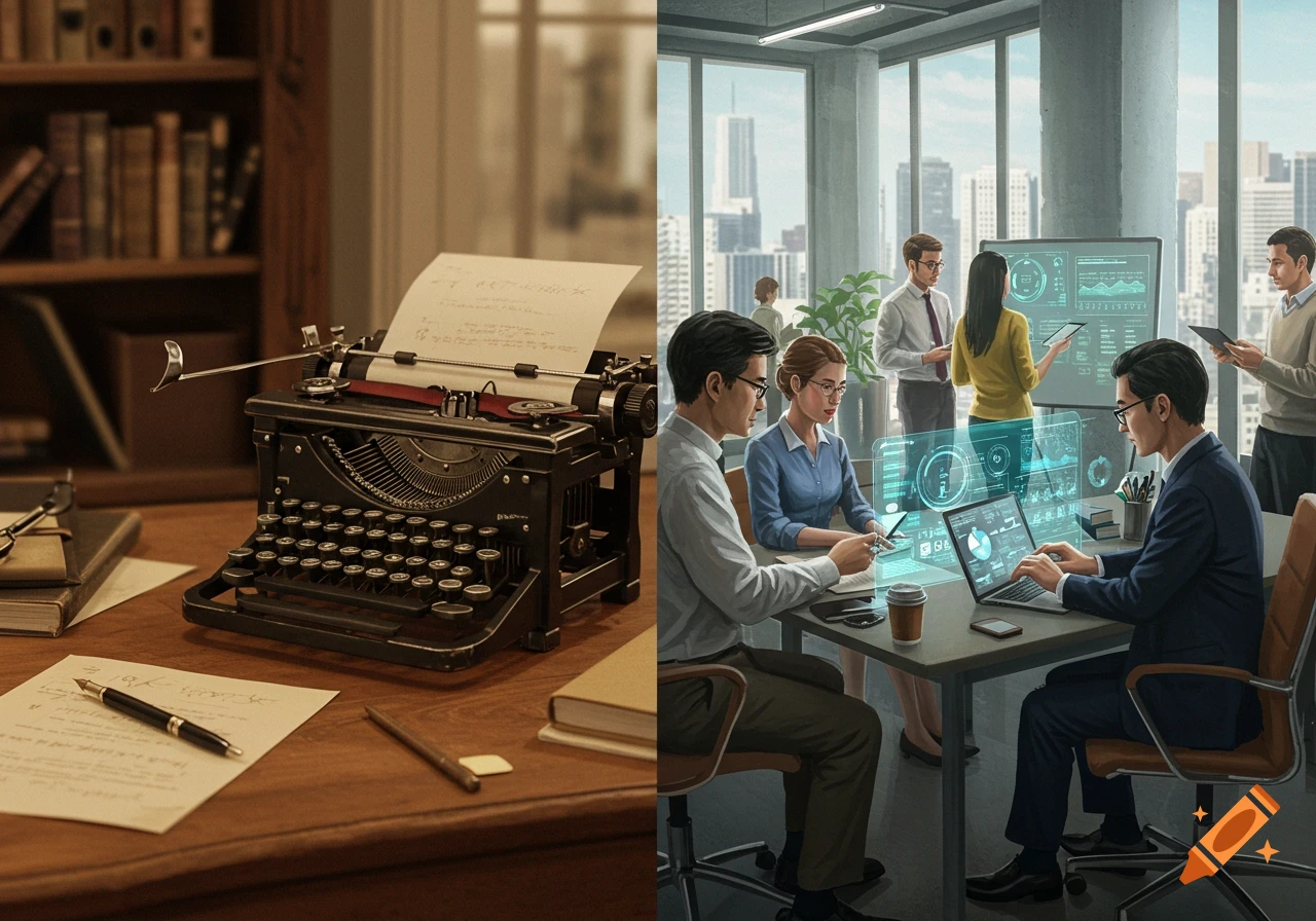 A split image contrasting work environments: a vintage typewriter on a desk with handwritten papers on the left, and a modern office with people using laptops and holographic displays on the right, depicting changes in media.