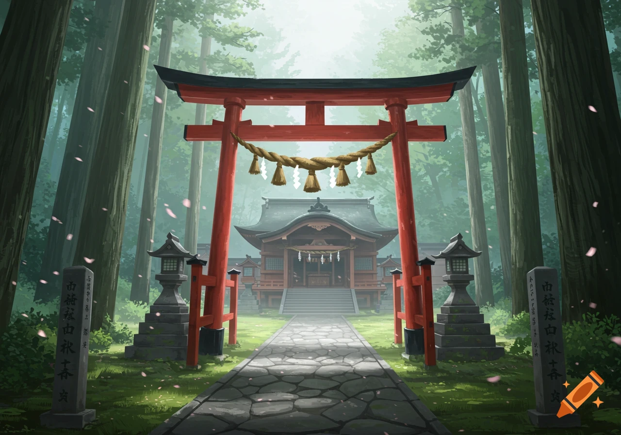 A vibrant red Japanese Torii gate stands at the entrance to a Shinto shrine, nestled deep within a lush green forest, with a stone path leading to the building under falling cherry blossoms in an illustrative style.
