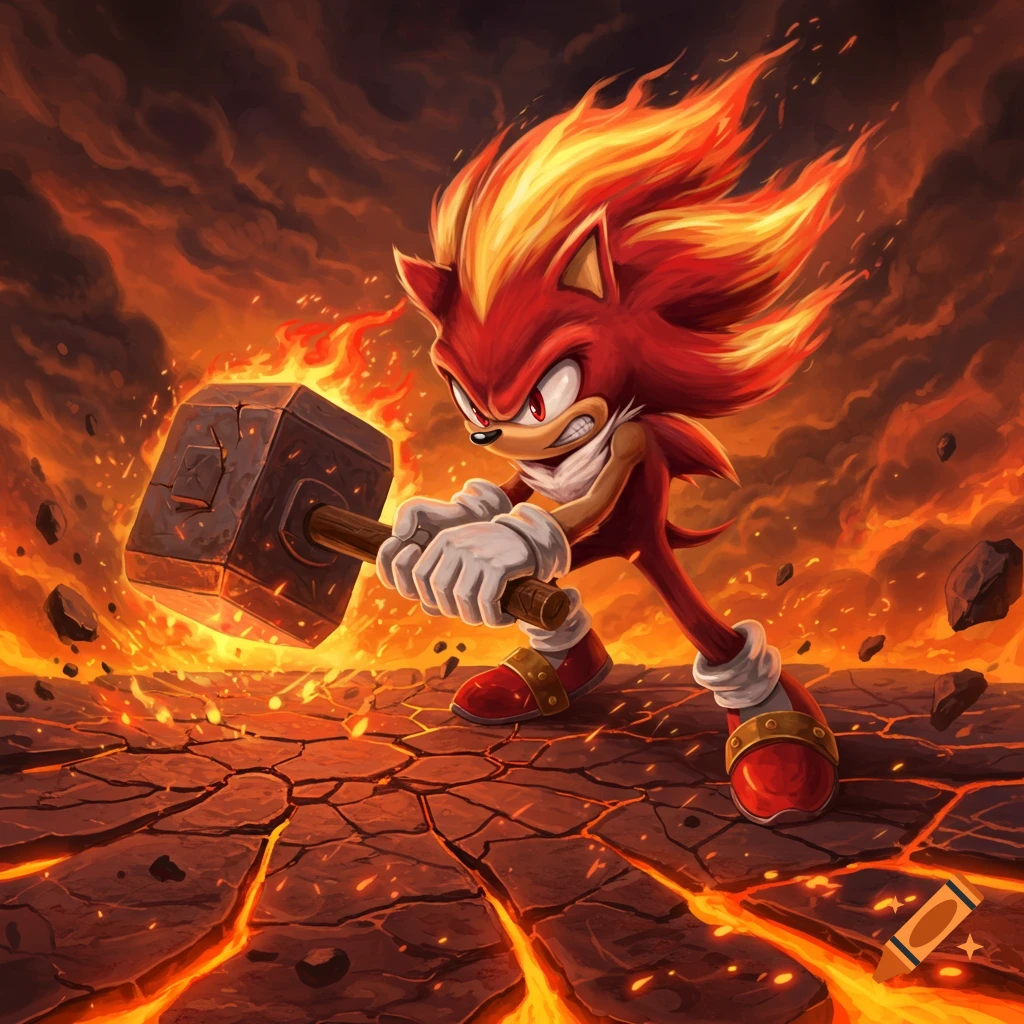 A red, fiery hedgehog character with yellow quills wields a huge hammer on cracked lava ground under a fiery sky.