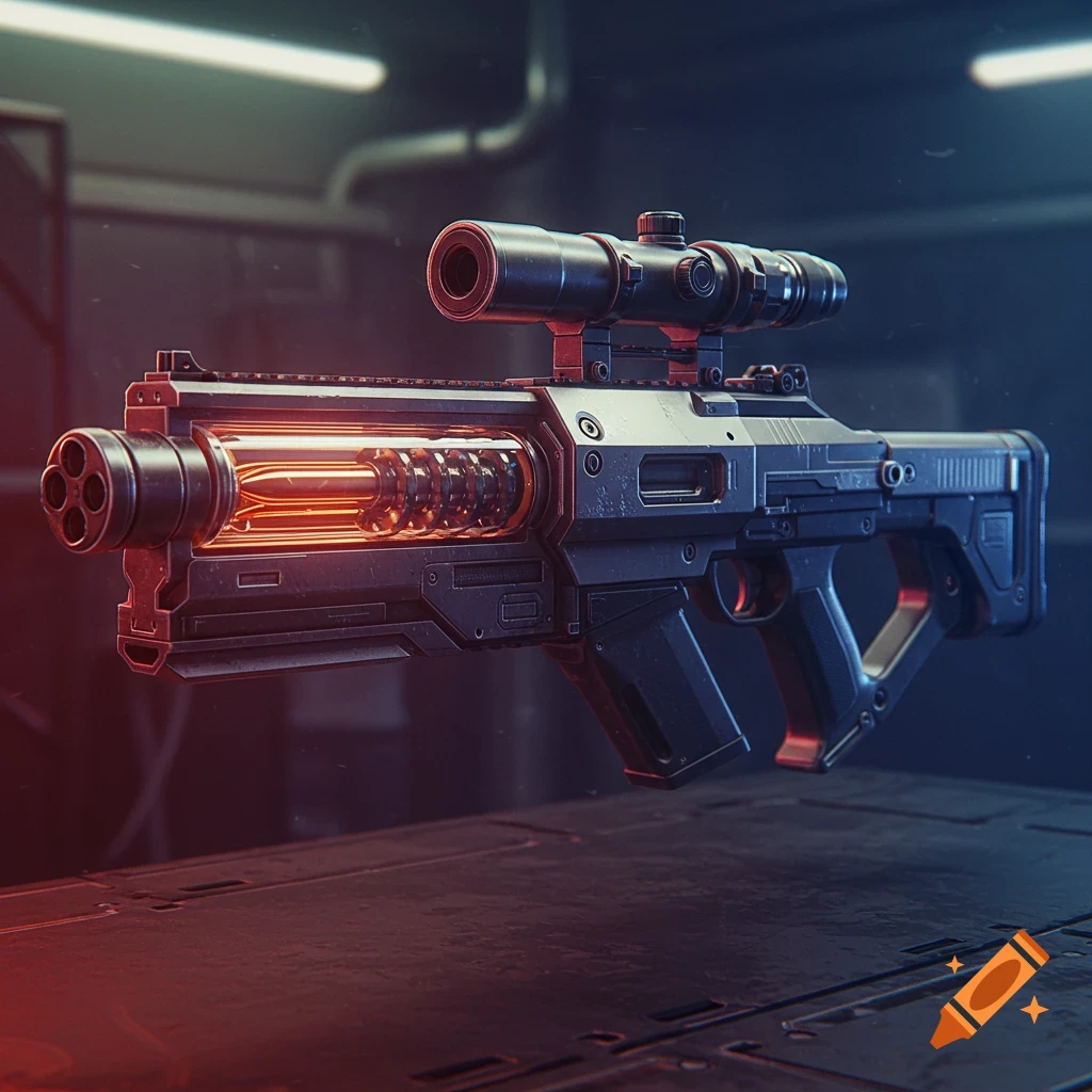 A futuristic dark metallic bullpup rifle with an orange glowing plasma chamber, a scope, and multiple barrels, floating over a dark surface.