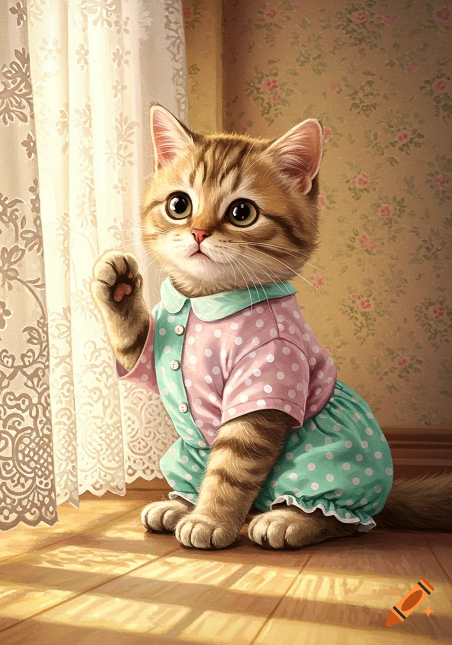 An illustration of a cute tabby kitten wearing a pink and mint green polka dot outfit, sitting on a wooden floor near a patterned curtain.