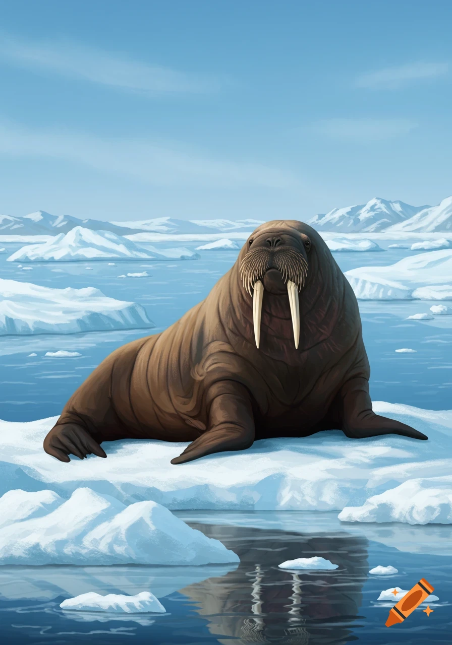 A large walrus with prominent tusks rests on a piece of ice in a blue arctic sea with distant icebergs and mountains under a clear sky.