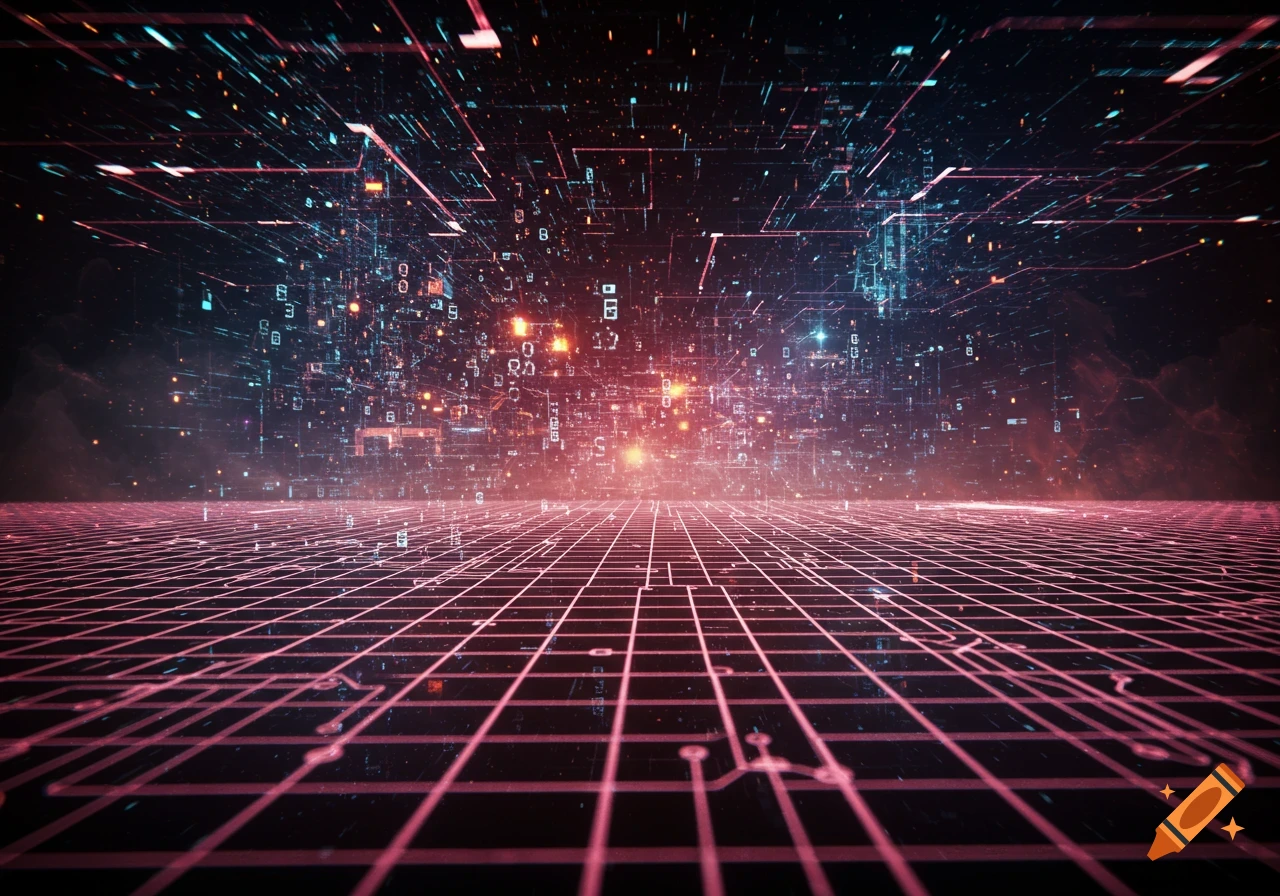 A dark digital landscape with a glowing red grid floor and abstract data flowing in the background, featuring scattered numbers and circuit lines.