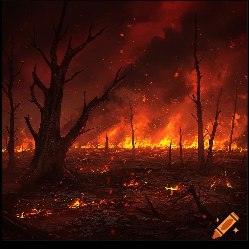 Dark, apocalyptic landscape with charred trees on burning ground under a fiery red, smoke-filled sky.