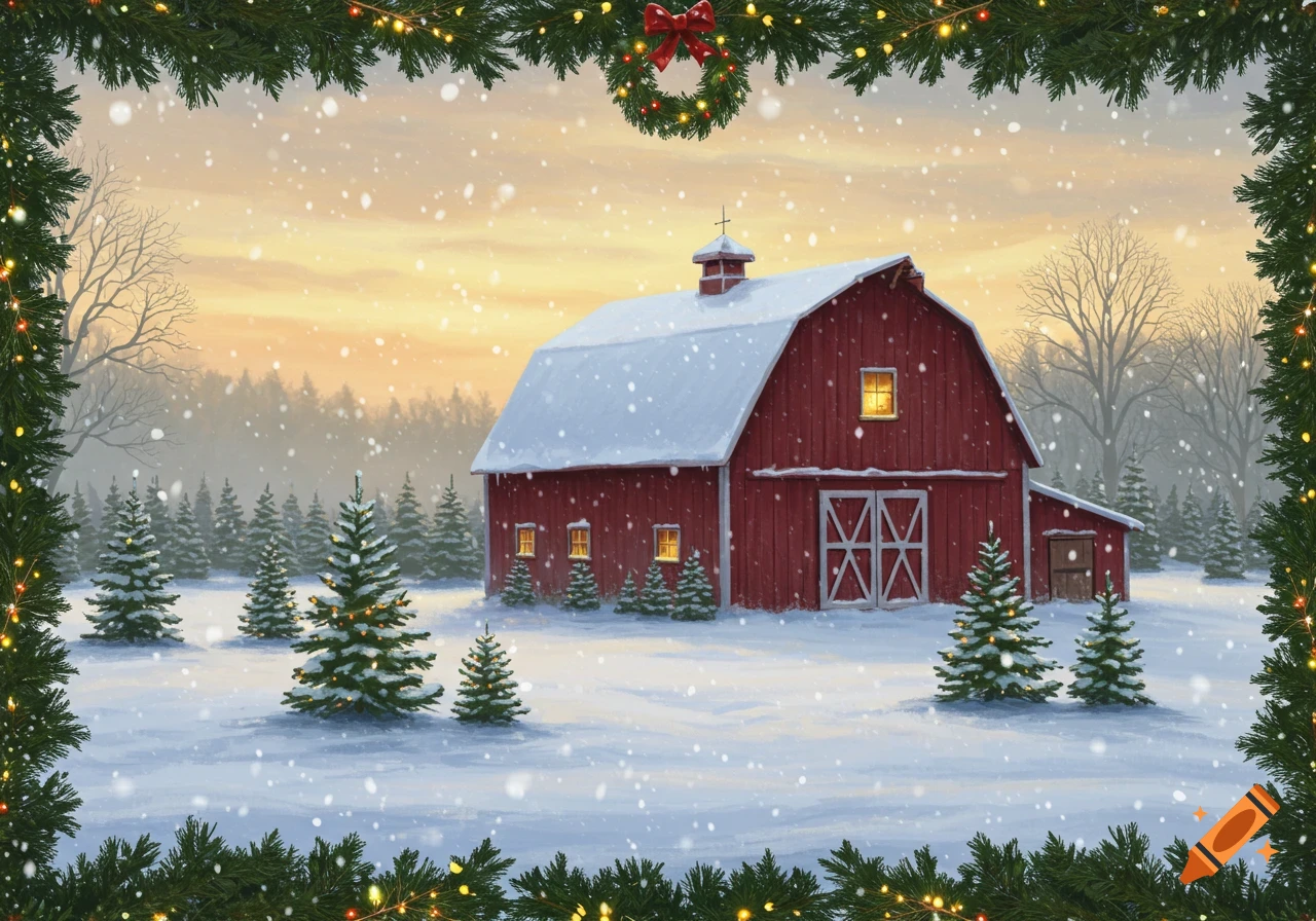 A snow-covered red barn with lit windows, surrounded by Christmas trees under a snowy sky, framed by festive garland and a wreath.