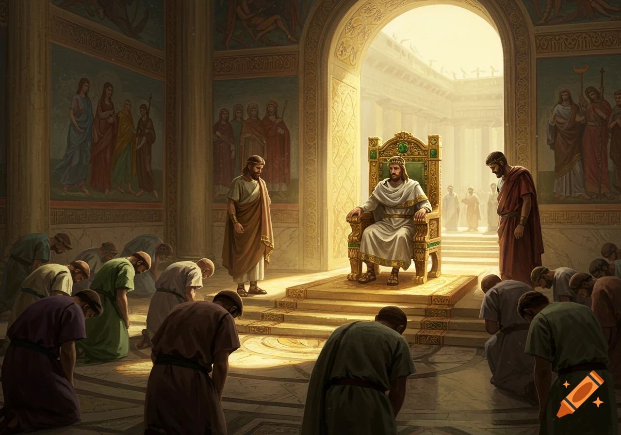 A king sits on an ornate golden throne in a grand hall, surrounded by two standing men and numerous subjects bowing on the floor.