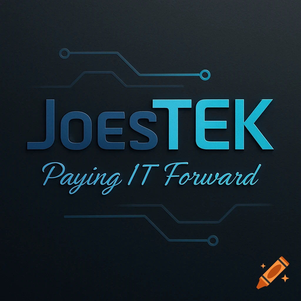 A modern logo for JoesTEK, featuring blue text with a circuit board motif and the tagline Paying IT Forward.