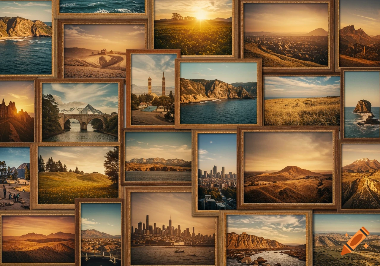A collage of various framed landscape and cityscape photographs, featuring mountains, oceans, fields, rivers, and urban skylines.