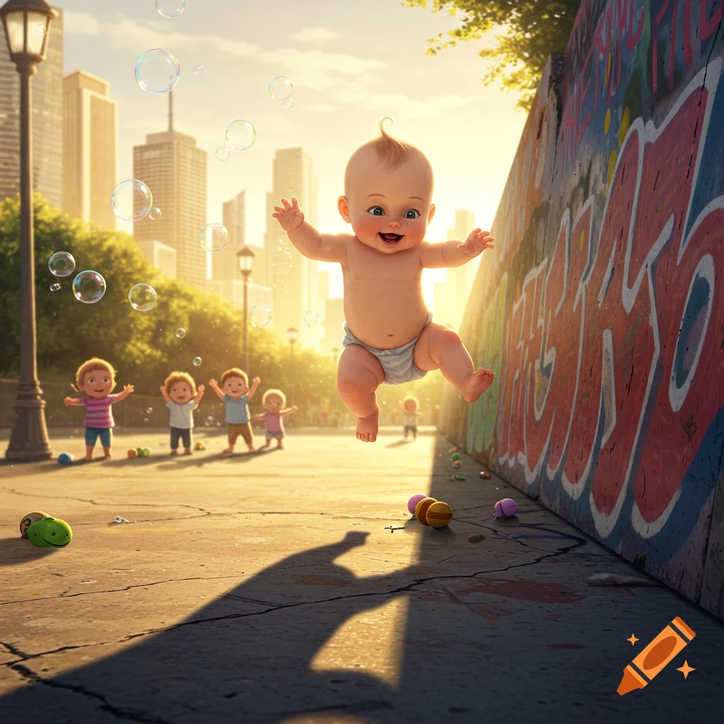 A cartoon baby jumps mid-air in a diaper in front of a graffiti wall, with other children playing in a sunny city park.