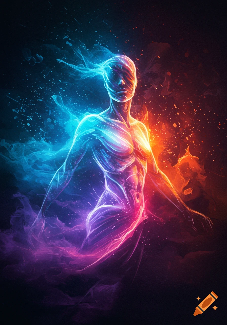 A glowing, ethereal human figure made of vibrant blue, purple, and orange energy, standing against a dark, splattered background.