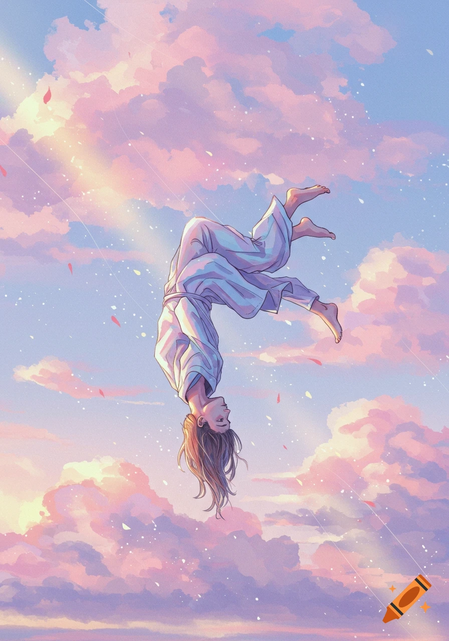 An anime-style illustration of a person falling upside down through a pastel pink and blue cloudy sky with floating petals.