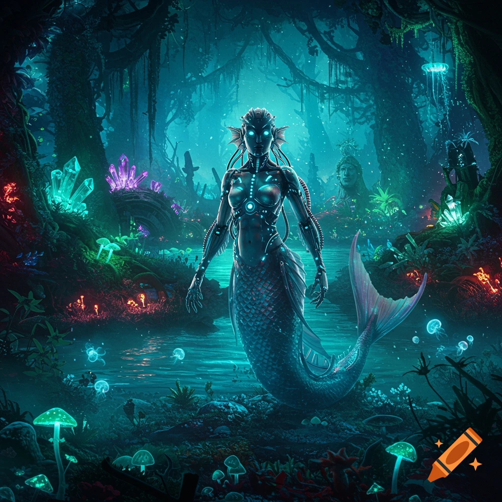 A glowing biopunk mermaid stands in a vibrant, bioluminescent jungle with neon crystals, plants, and jellyfish.