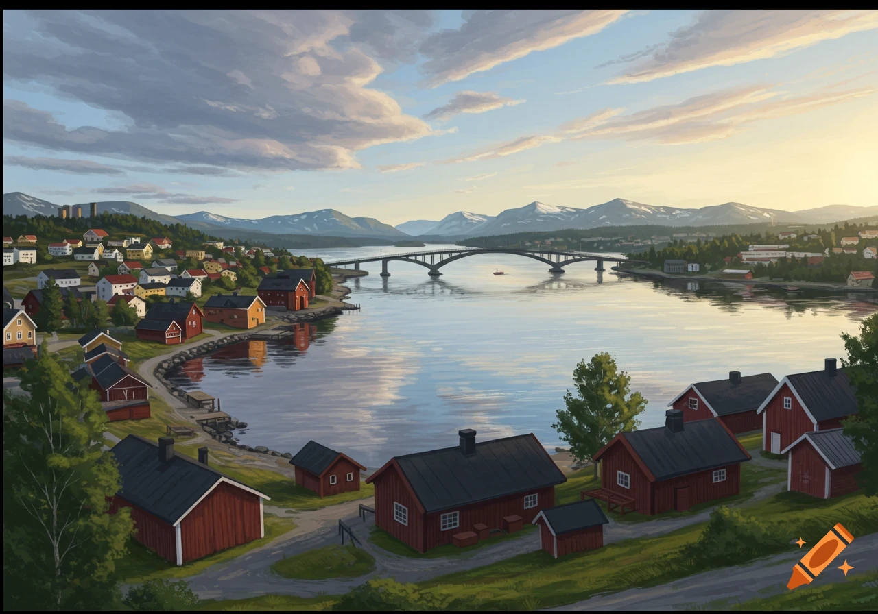 A picturesque painted landscape of a town with red and yellow houses along a river, a bridge, and mountains under a sunset sky.