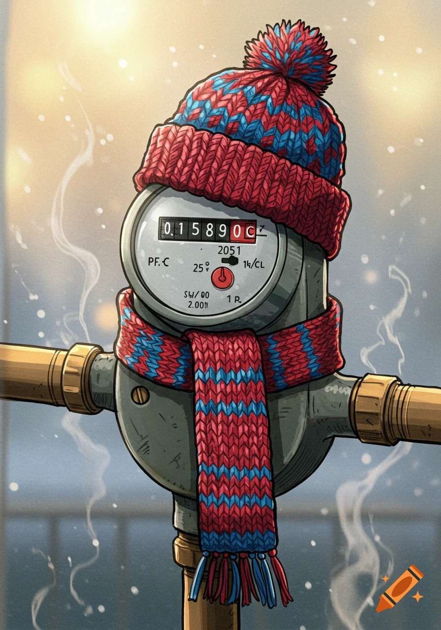 A whimsical illustration of a water meter wearing a knitted red and blue winter hat and scarf, with steam rising around it.