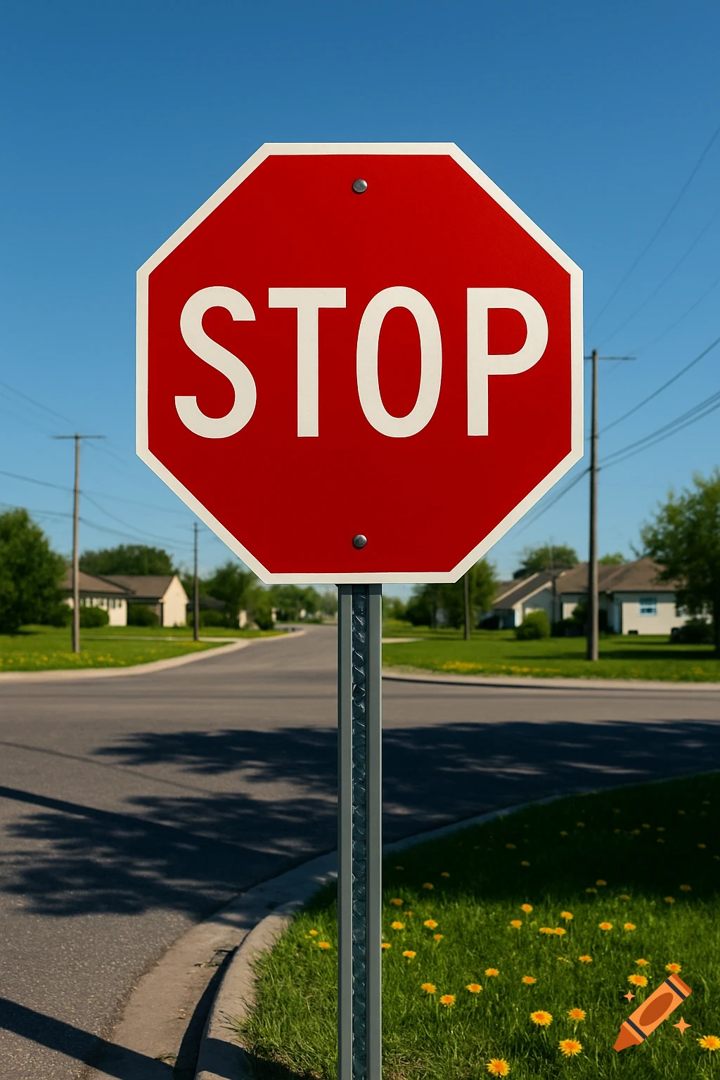 A bright red stop sign stands prominently at a residential street intersection under a clear blue sky, with houses and trees in the background.