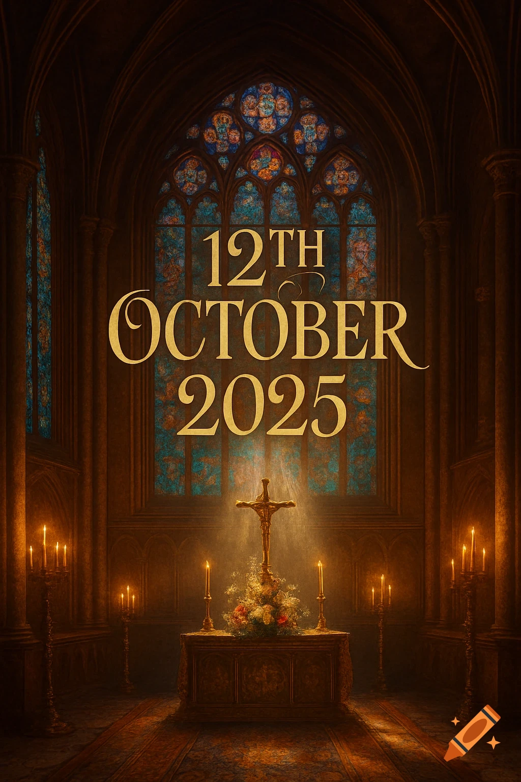 A grand church interior with an altar, crucifix, candles, and stained glass windows, featuring the date "12TH OCTOBER 2025".