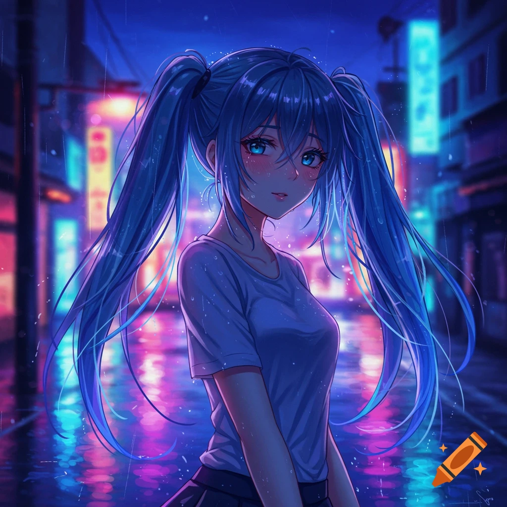 An anime girl with long blue ponytails and blue eyes stands in the rain on a city street, illuminated by neon signs.