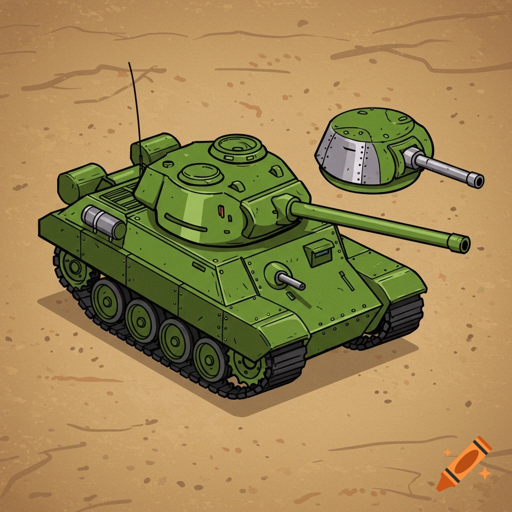 A cartoon green tank and its separated turret are shown on a sandy background in an isometric view.