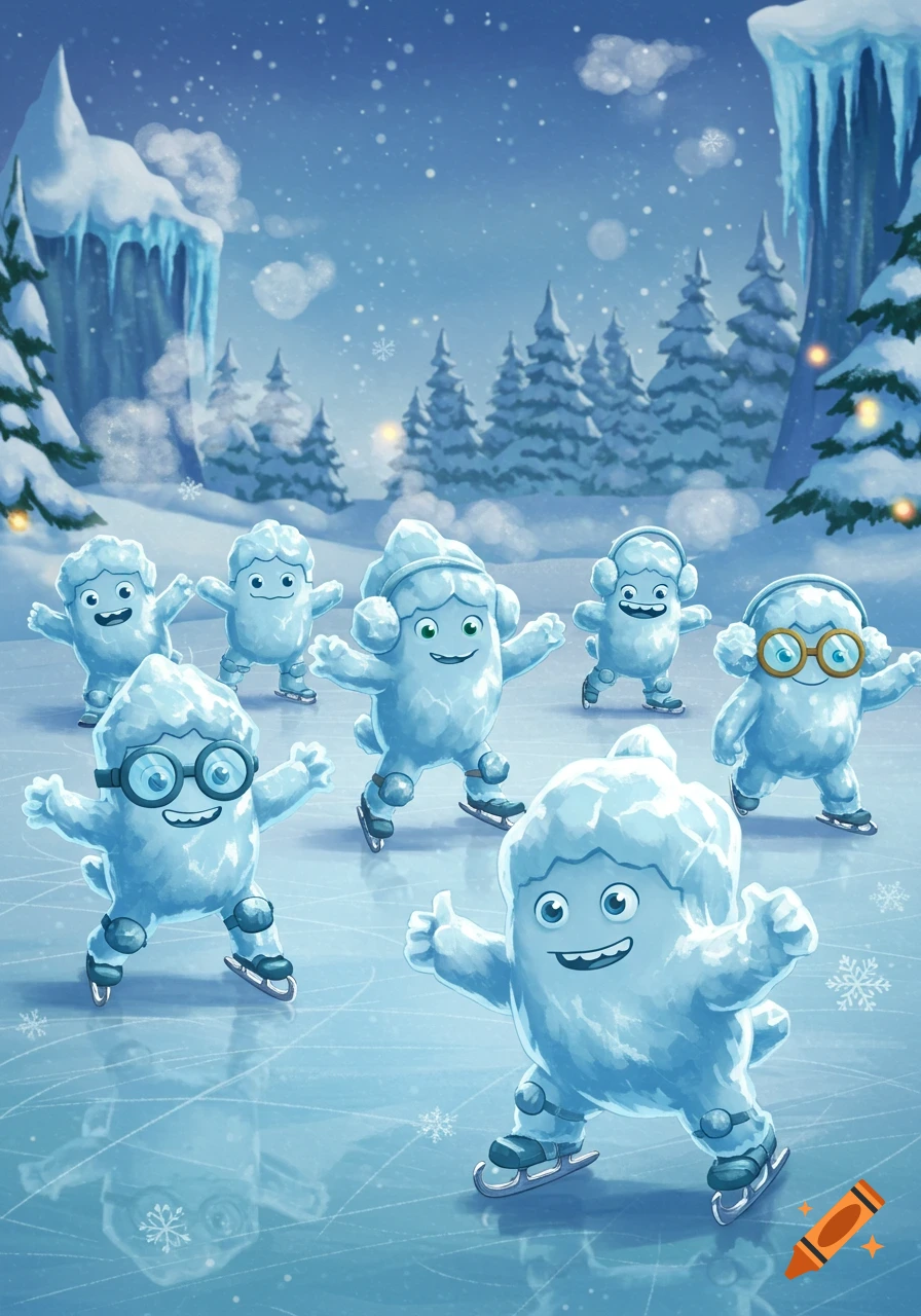 A group of cheerful, cartoonish slushy characters happily ice skating on a frozen pond in a snowy winter landscape.