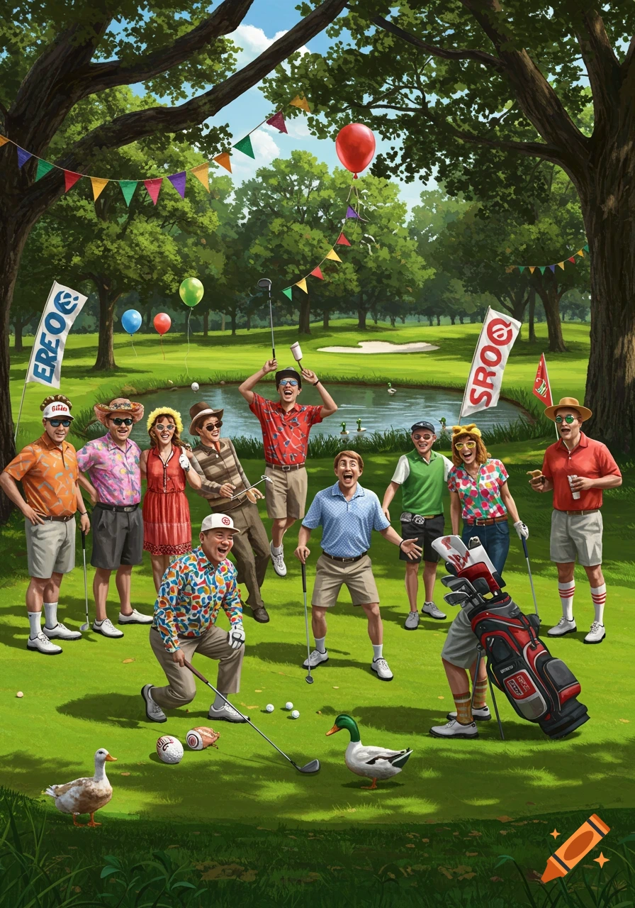 A cheerful illustration of a diverse group of people in exaggerated poses at a company golf event, with festive banners and balloons.