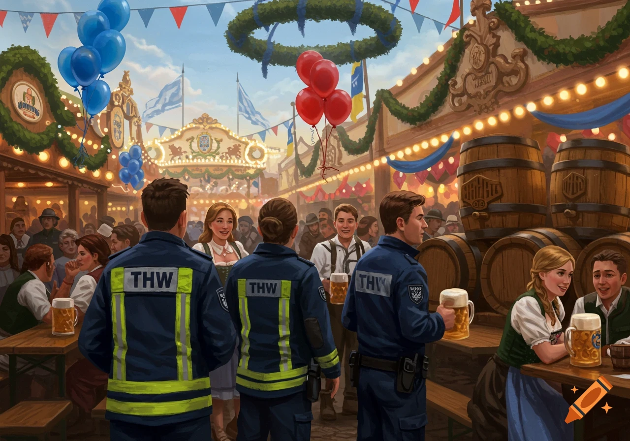 A bustling Oktoberfest festival with people in traditional attire, THW personnel, beer, fair rides, and decorations.