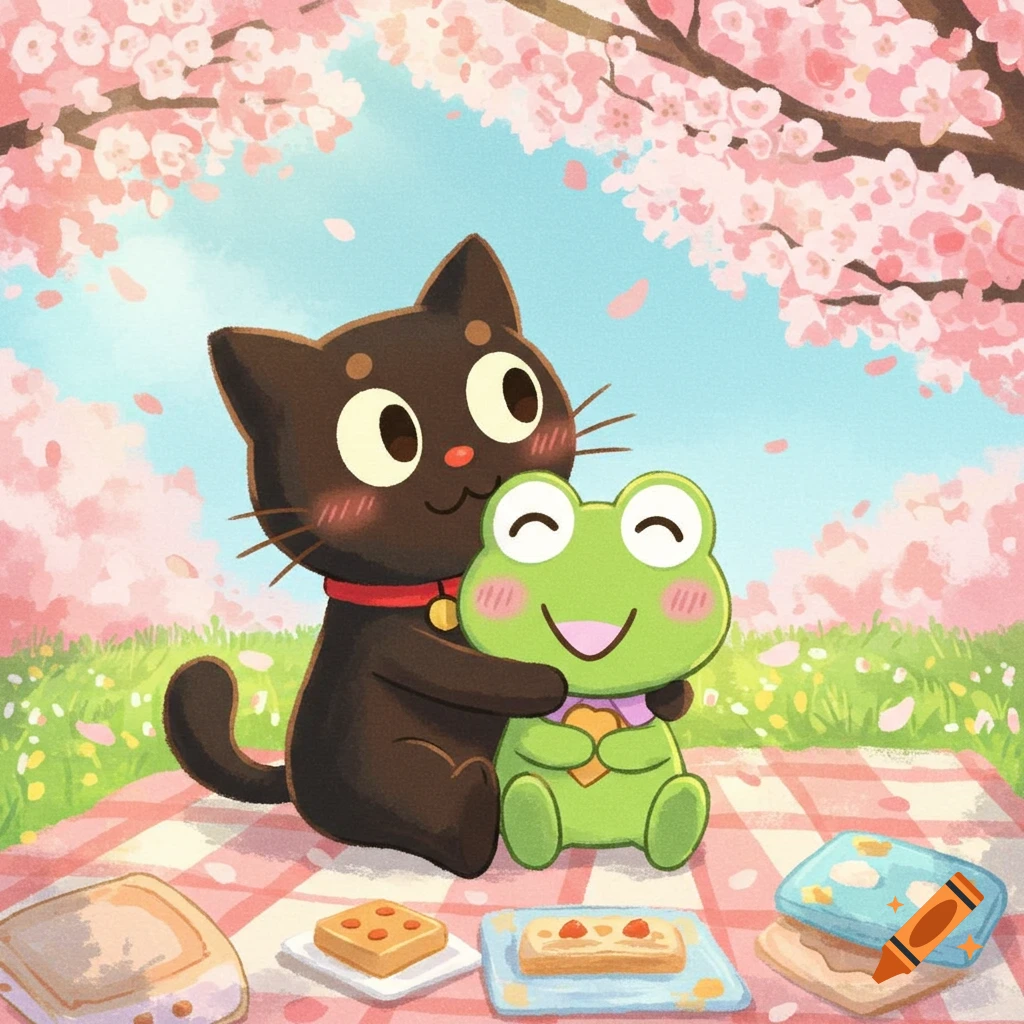 Chococat hugs Keroppi on a picnic blanket under cherry blossoms in a cute cartoon illustration.