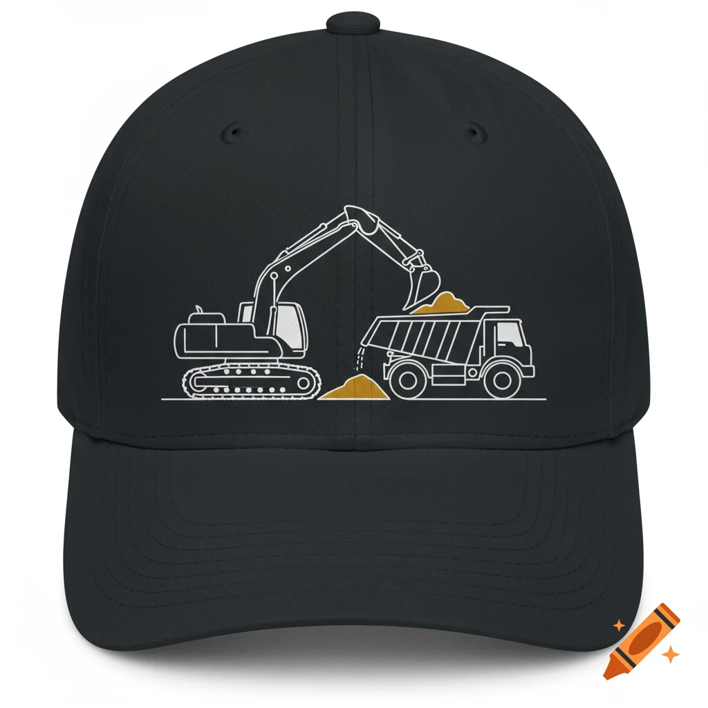White outline illustration of an excavator filling a dumper truck with sand on a dark grey baseball cap.