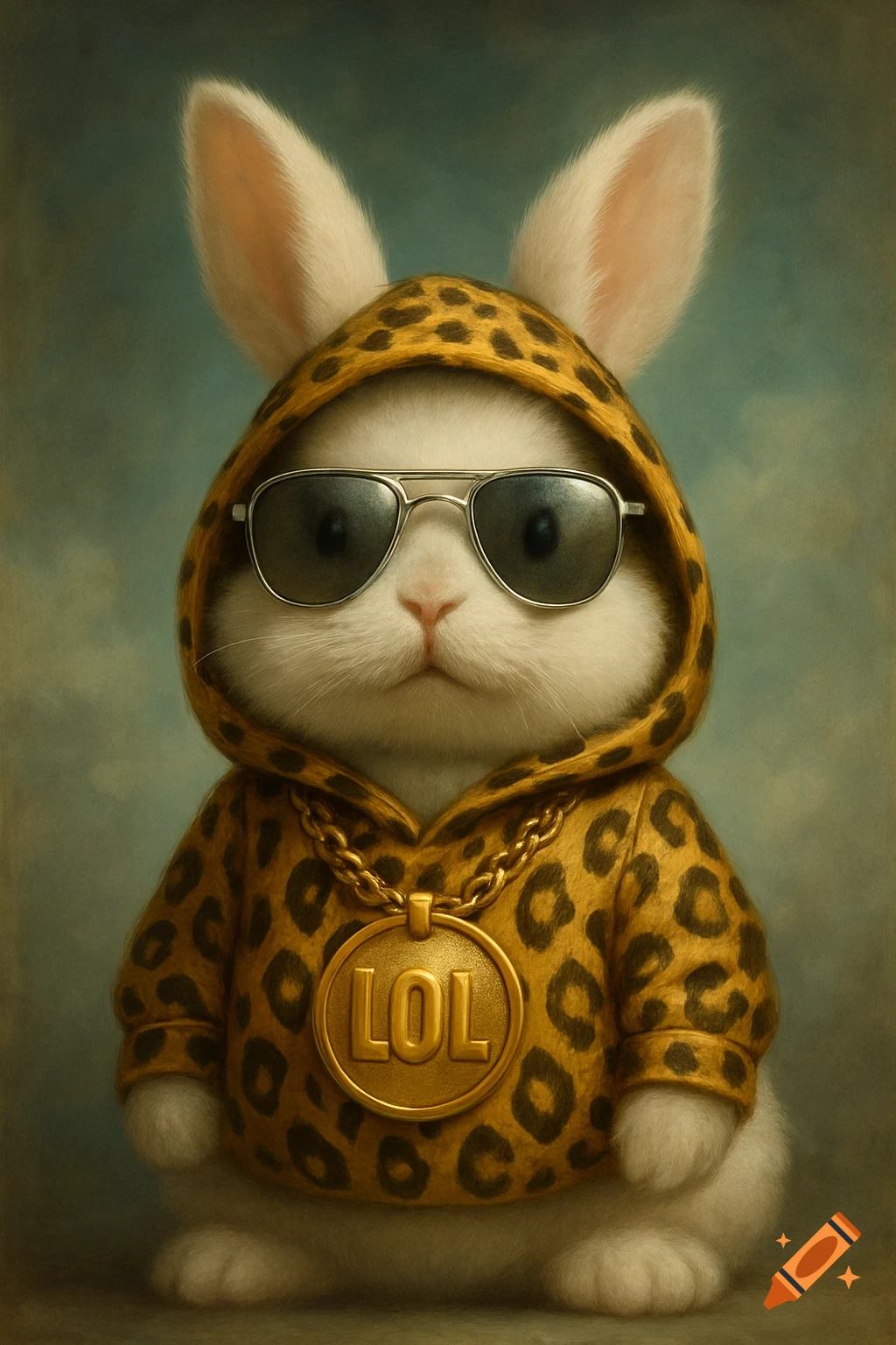 A cute white rabbit wears a leopard print hoodie, silver sunglasses, and a golden 'LOL' medal, in a dreamlike style.