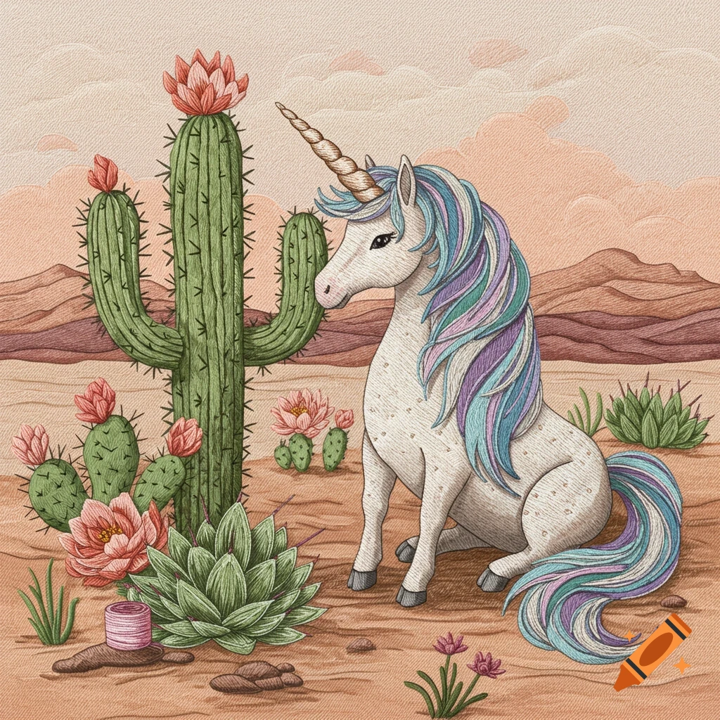 A white unicorn with a rainbow mane sits next to a large flowering cactus in a desert landscape, in a stitched embroidery style.
