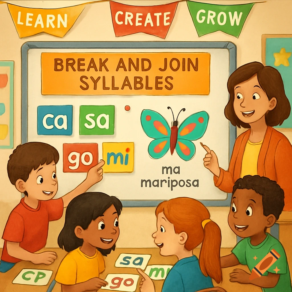 A cartoon illustration of a teacher and four diverse children in a classroom learning about breaking and joining syllables. Text on the whiteboard says 'BREAK AND JOIN SYLLABLES' next to syllable cards and a butterfly with 'mariposa'.