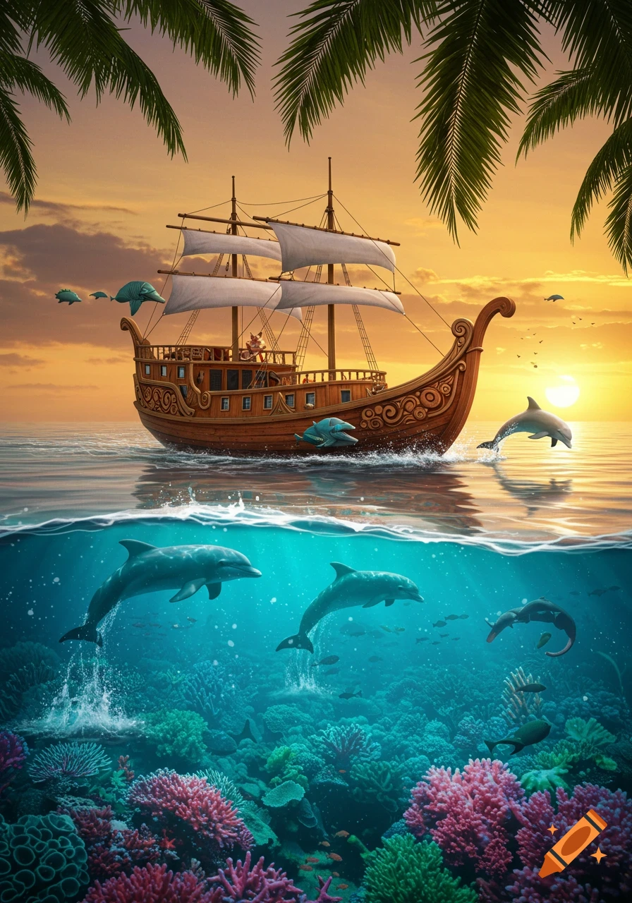 A split view image showing a decorated wooden boat sailing at sunset with dolphins jumping, and an underwater coral reef with dolphins.