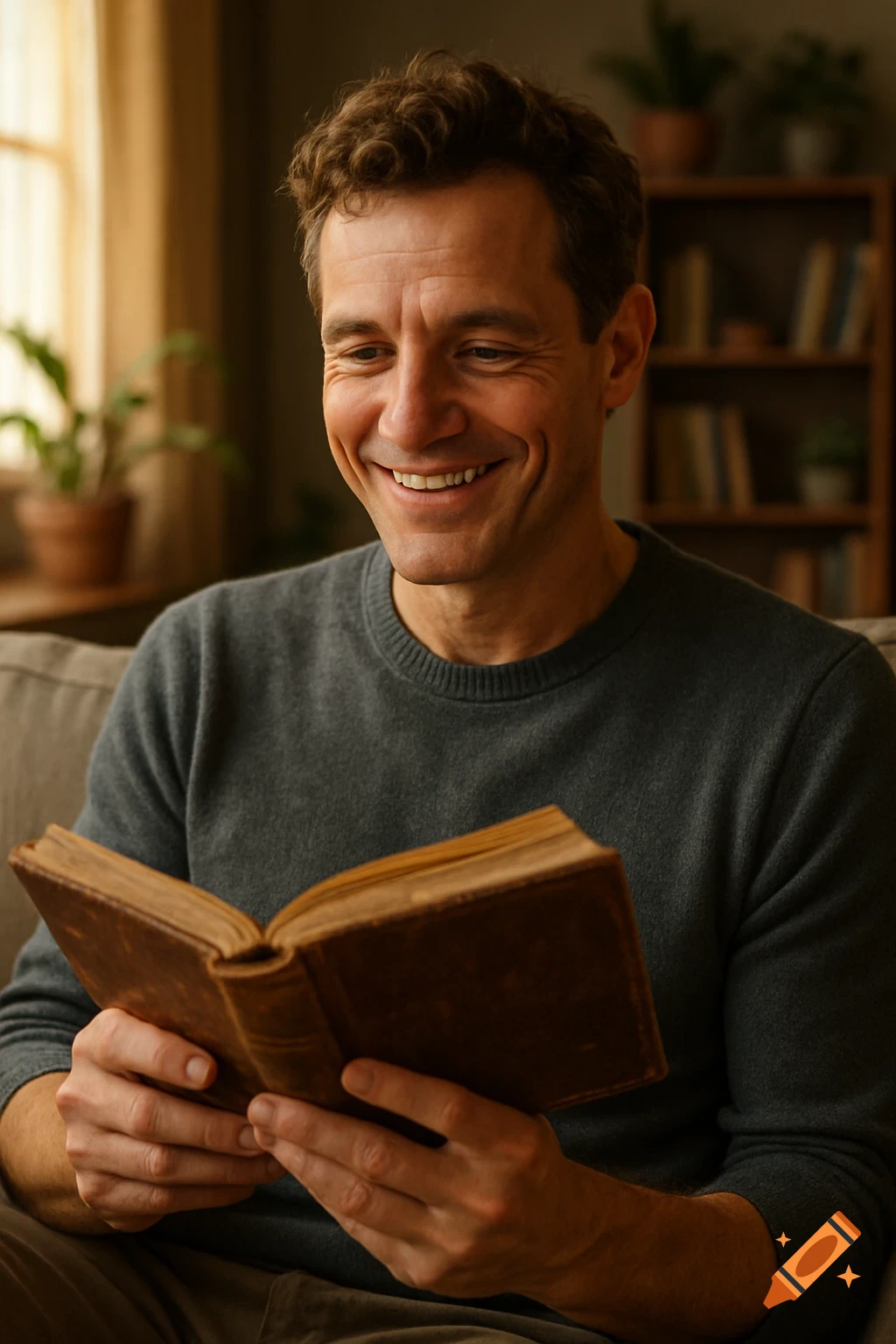 A smiling man with curly brown hair sits on a sofa, happily reading an old book in a warm, indoor setting.