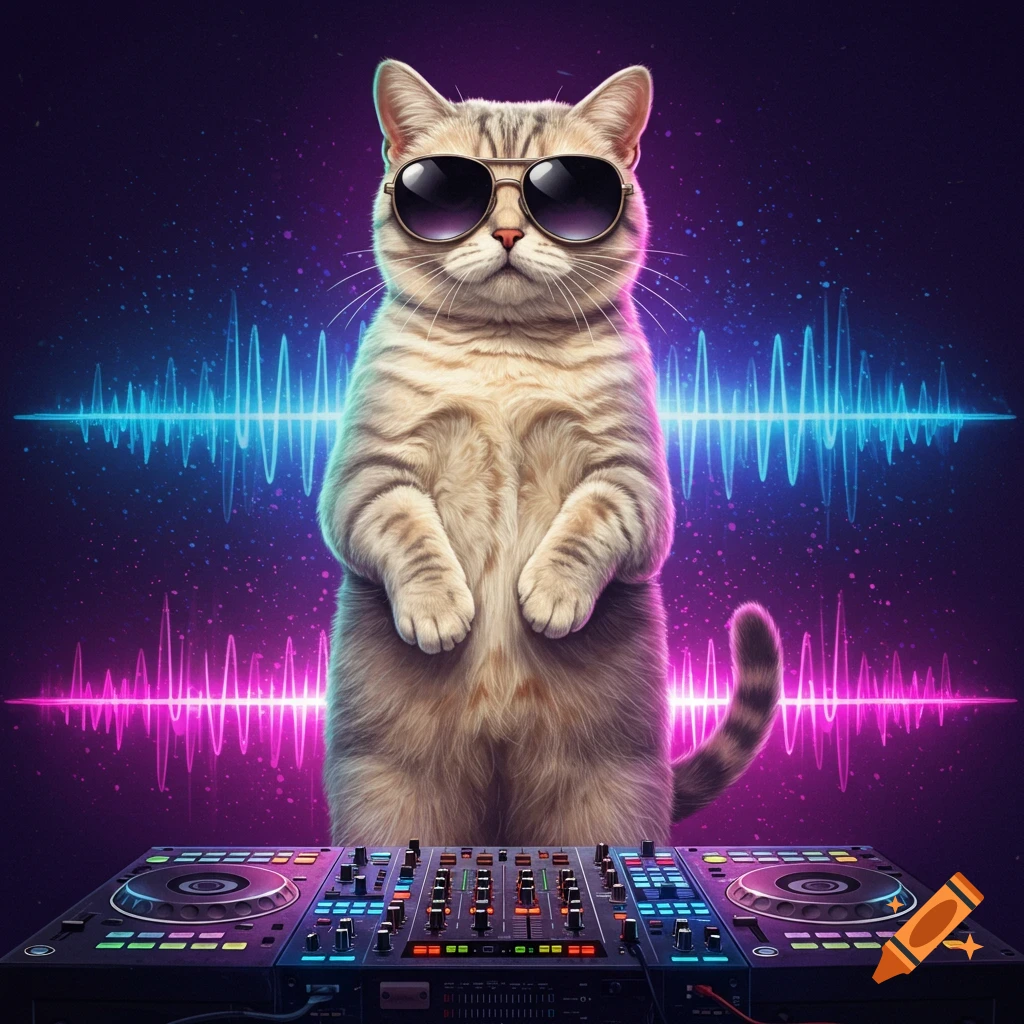 A cool cat wearing sunglasses stands upright behind a DJ mixer with vibrant neon sound waves in the background.