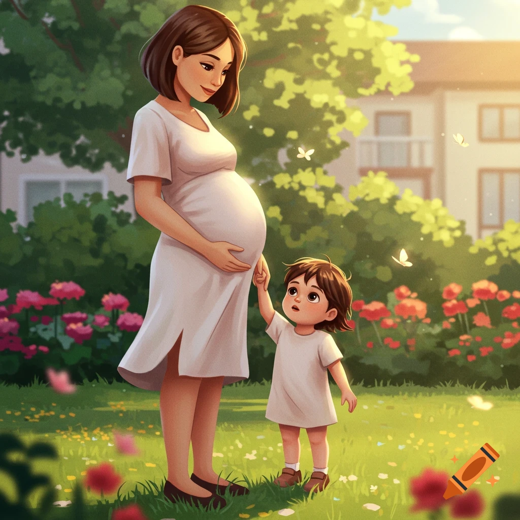 A pregnant mother in a white dress holds the hand of a toddler in a sunny garden with flowers, in a realistic cartoon style.
