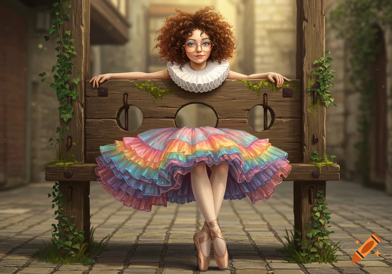 A whimsical, curly-haired ballerina in a rainbow tutu and ruff collar sits in medieval stocks on pointe on a cobblestone street.
