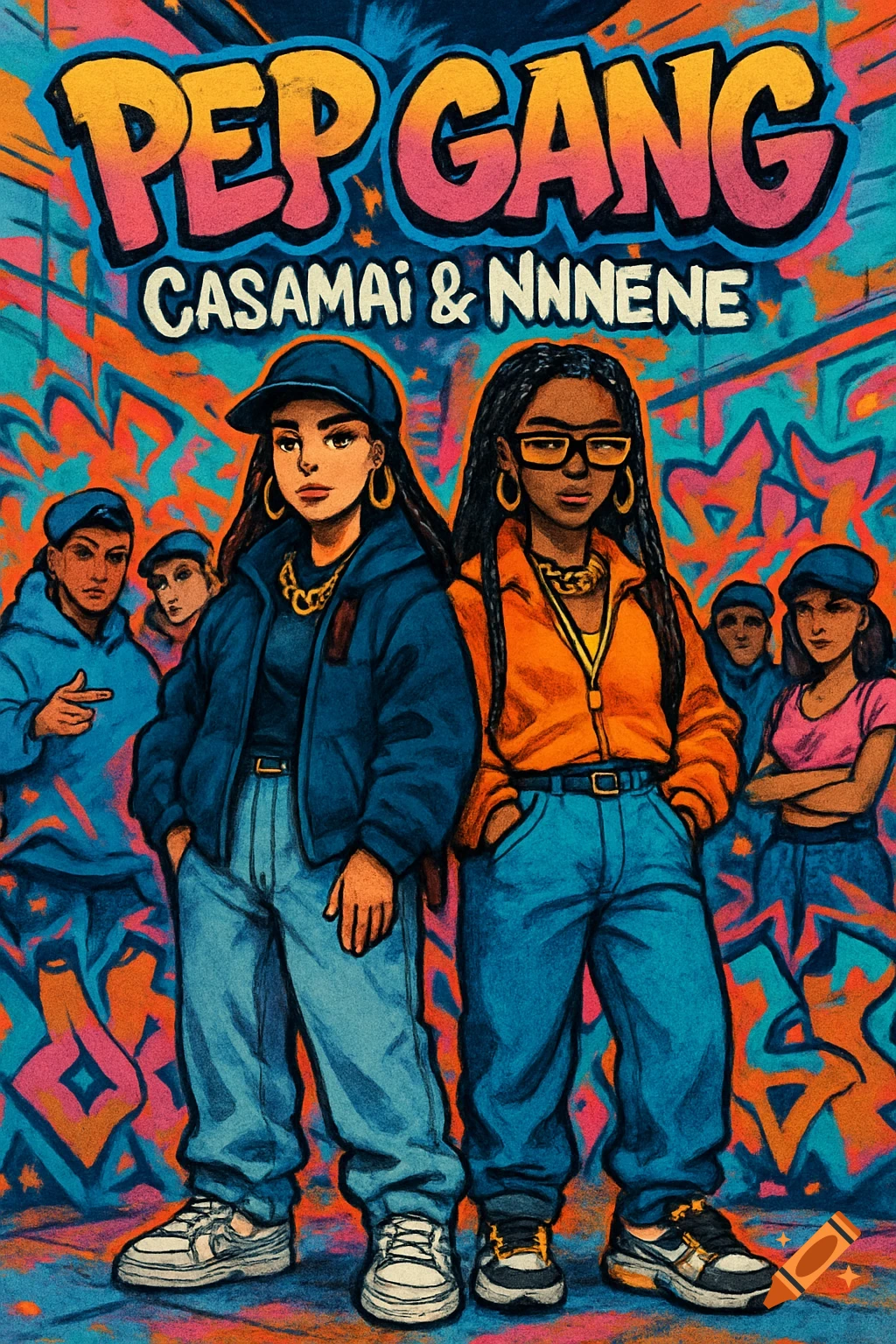 Cartoon art of two women in street wear with their gang against a graffiti wall, featuring 'PEP GANG' and 'CASAMAI & NNNENE'.