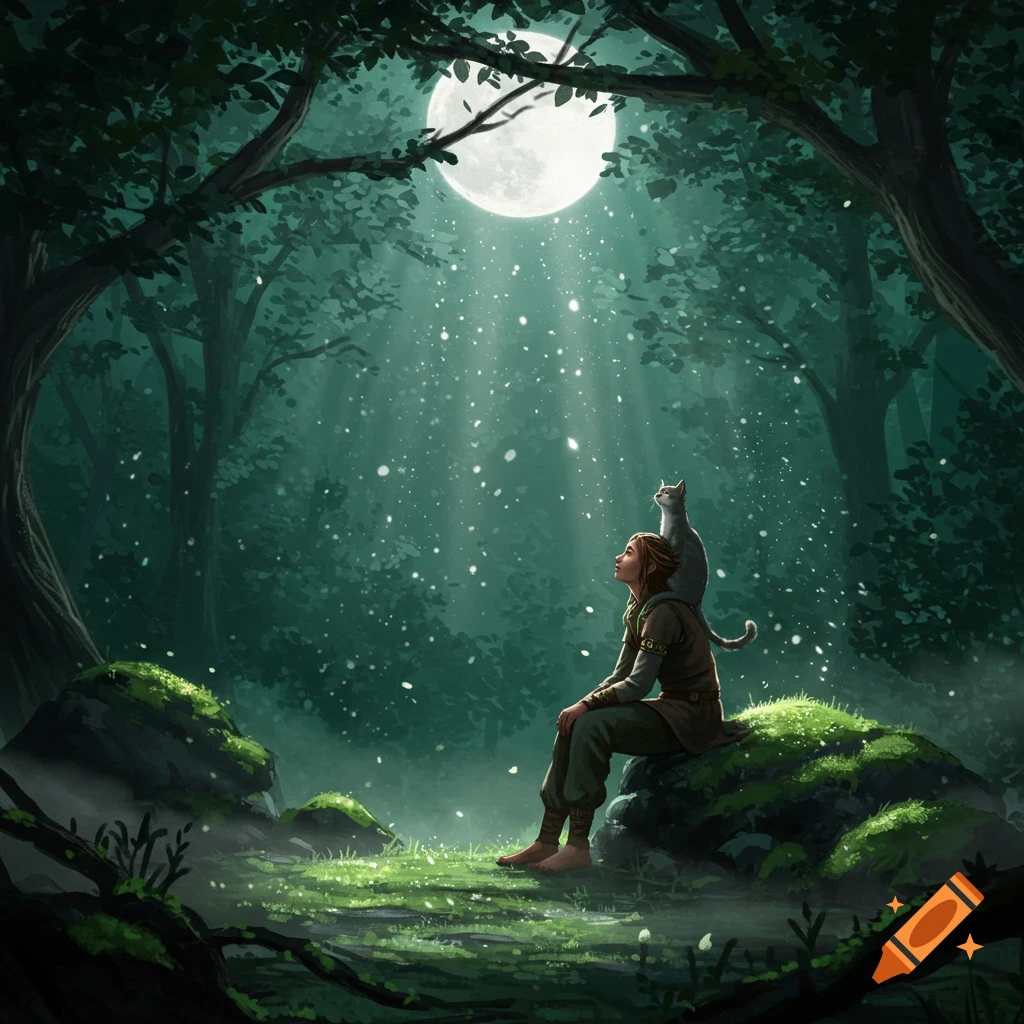 A person sits on a mossy rock with a cat on their shoulder, gazing at a full moon in a mystical, dark forest with glowing particles.