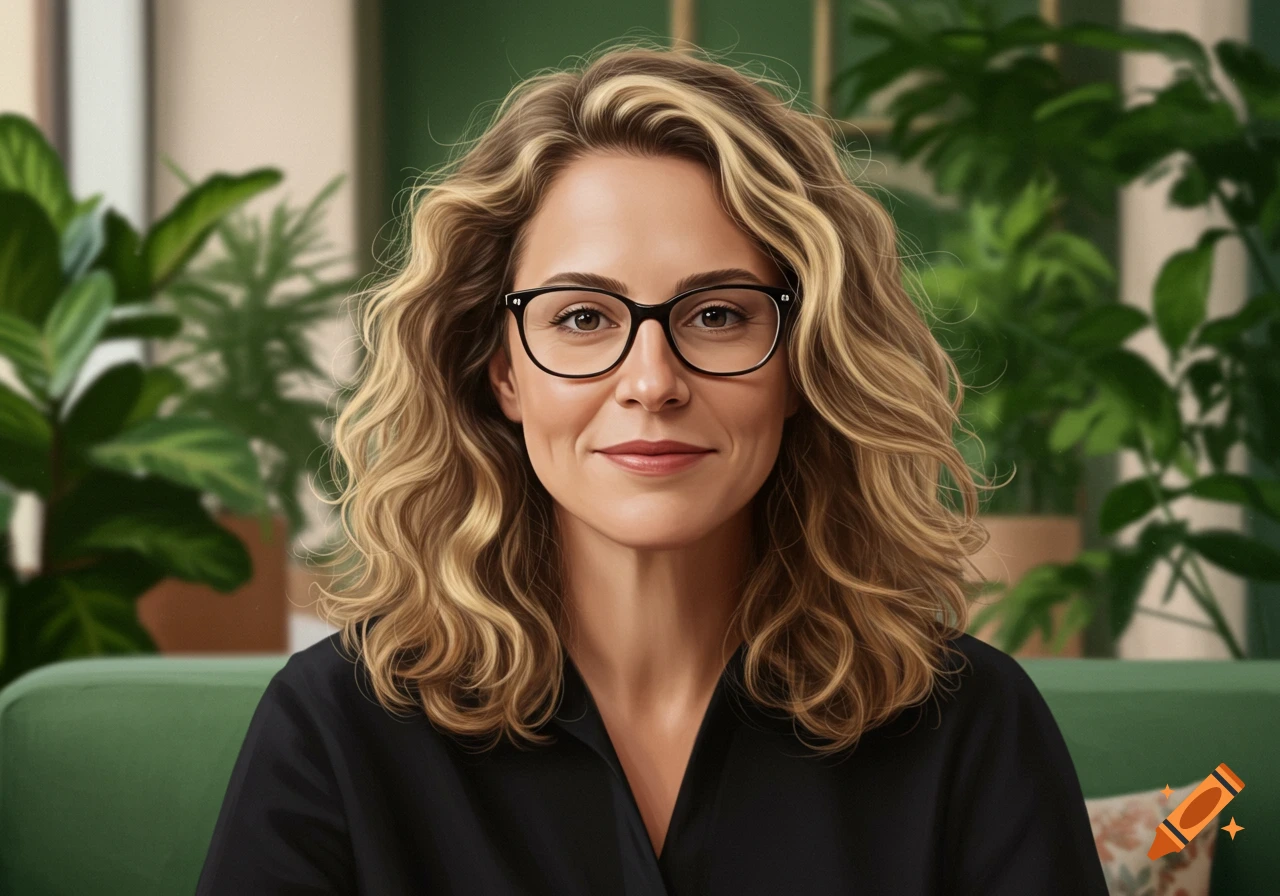 A smiling woman with wavy blonde hair and black glasses, wearing a black shirt, sits in a cozy room with blurred green plants.
