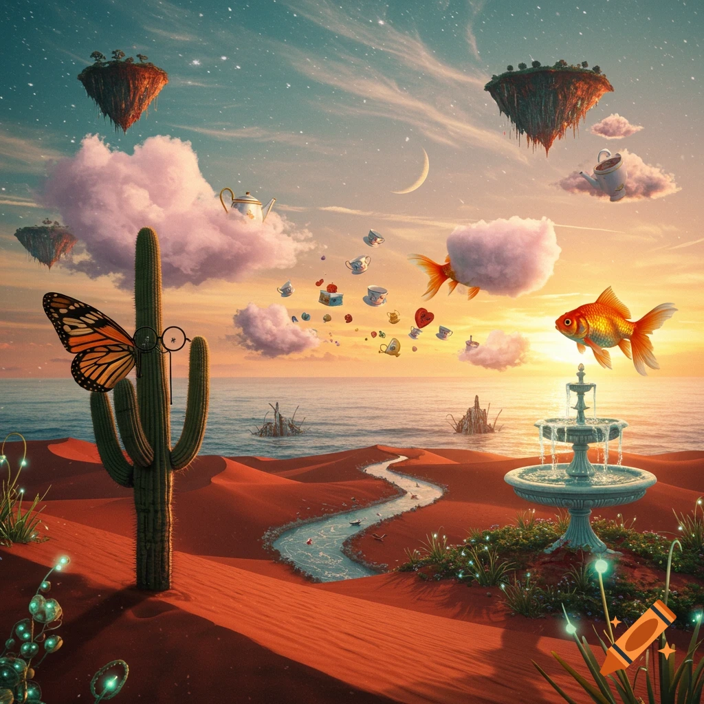 Surreal desert landscape with floating islands, a cactus wearing glasses, flying goldfish, teacups, and a river under a sunset sky.
