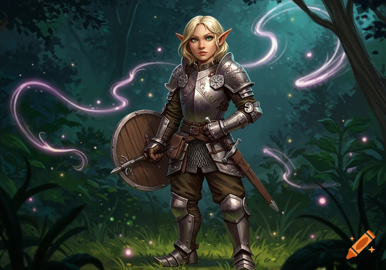 An armored female elf with a buckler and sheathed sword stands in an enchanted forest with glowing purple magical trails. Digital art.