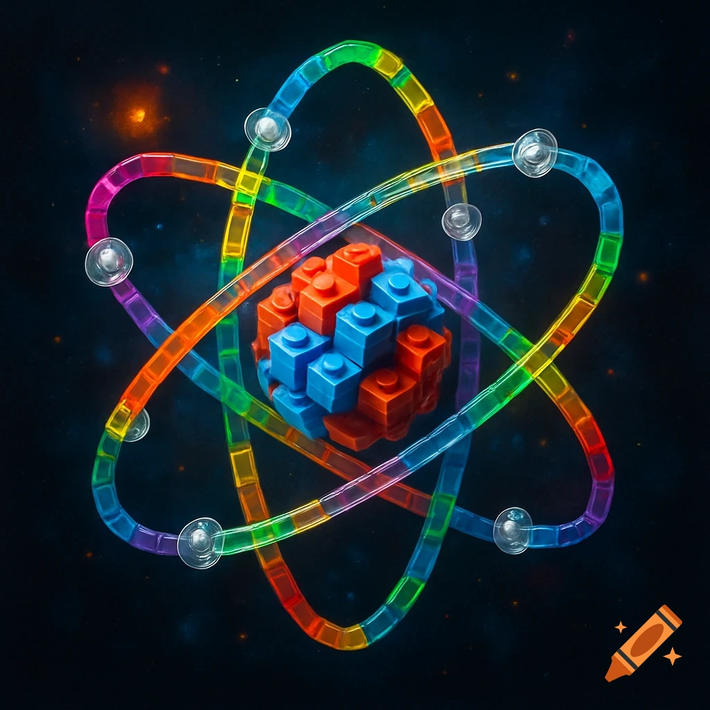 A vibrant atom model made of colorful Lego blocks, with rainbow-colored orbital paths against a dark, starry background.